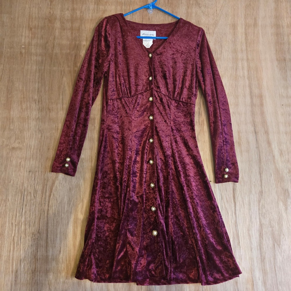 Victorian Crushed Velvet Edwardian Renaissance Midi Dress 10P Pearl Button 90s